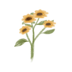 Hand-Drawn Sunflower Bouquet Illustration with Green Leaves. Perfect for summer-themed designs, eco-friendly branding, greeting cards, stickers, and rustic decor elements