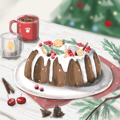 christmas chocolate cake with watercolor illustration art