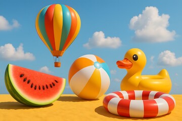 Vibrant Summer Scene with Hot Air Balloon and Pool Toys