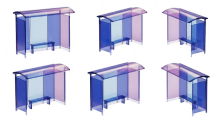 3D renders of modern transparent bus stops showing different angles on a white background for architectural or design visualization