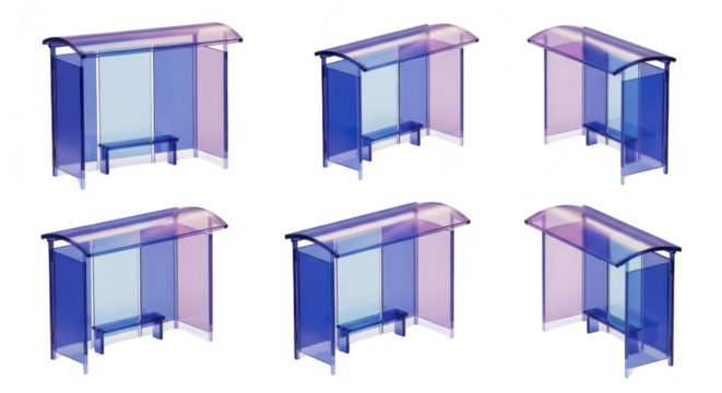 3D renders of modern transparent bus stops showing different angles on a white background for architectural or design visualization