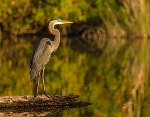 Fototapeta premium Heron on log in golden light