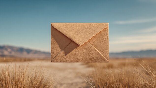 Beige envelope floats over desert