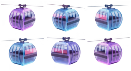 Animated colorful cable cars in various hues showcasing travel and transport on a white background suitable for design projects