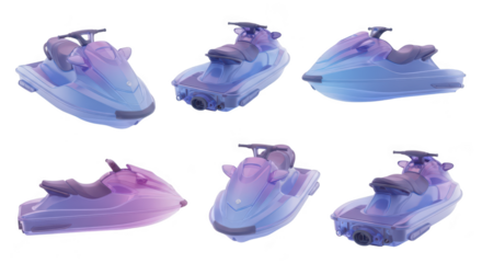 Rendered transparent watercraft models on a white background ideal for illustrating design or recreational water sports concepts