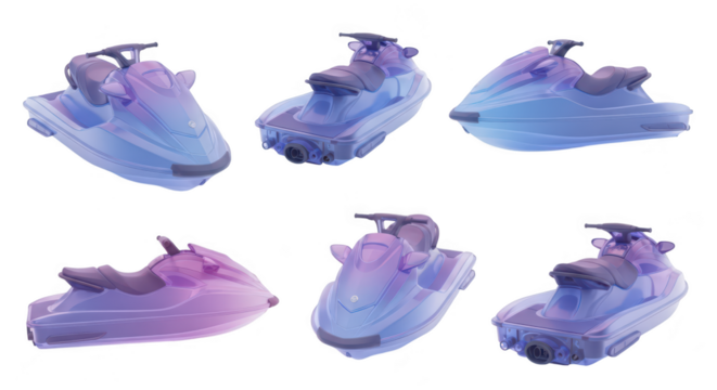 Rendered transparent watercraft models on a white background ideal for illustrating design or recreational water sports concepts