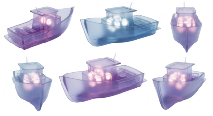 Transparent boat models with glowing interior various angles isolated on white suitable for maritime transportation design or art concepts