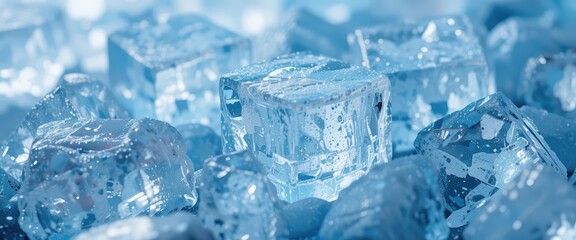 Macro View of Frosty Blue Ice Cubes with Light Glare