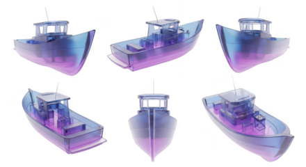 Several colorful glass fishing boats displayed on a white background useful for marine industry or design purposes