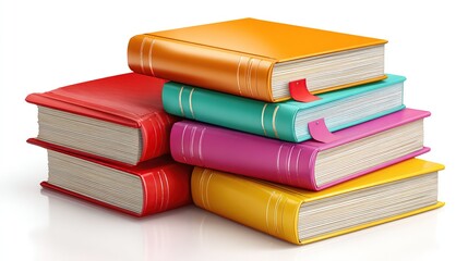 Stack of colorful books with red bookmarks isolated on white reflective surface
