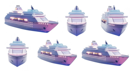 Animated cruise ship illustration in various views against white background for travel tourism and transportation concepts
