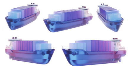 3D render of a transparent container ship Multiple views showcasing cargo transport and shipping against a white background Suitable for logistics and maritime concepts