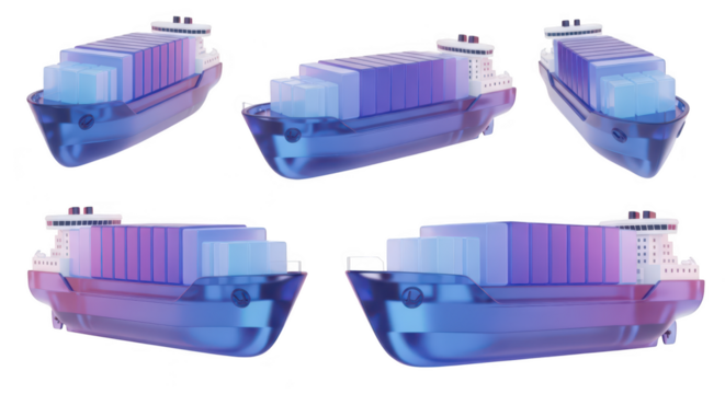 3D render of a transparent container ship Multiple views showcasing cargo transport and shipping against a white background Suitable for logistics and maritime concepts