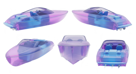 Rendered transparent motorboat in various views against a white background for illustrating marine design or transportation concepts