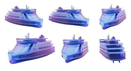 Ferry ship in various angles isolated on white background for transportation travel and maritime design