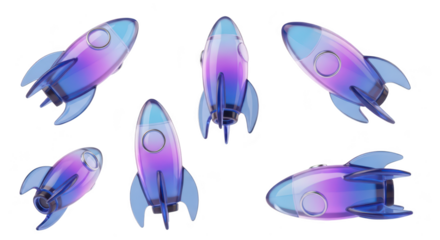 Multiple blue and purple glass rocket toys in various positions on a white background for concepts of space startups and innovation