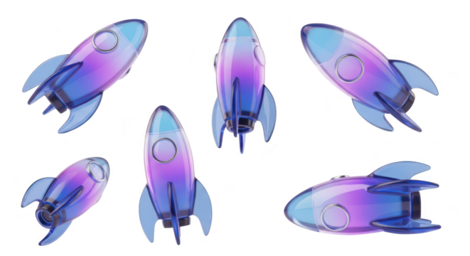 Multiple blue and purple glass rocket toys in various positions on a white background for concepts of space startups and innovation