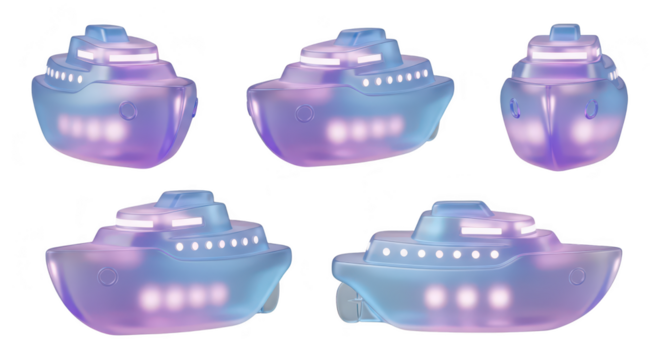 3D rendering of a translucent boat various angles isolated on white ideal for graphic design transportation and travel visuals