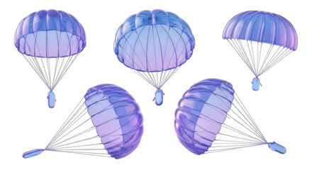 Obraz premium Multiple blue parachutes descending isolated on white representing concepts of freedom safety delivery and adventure for commercial use
