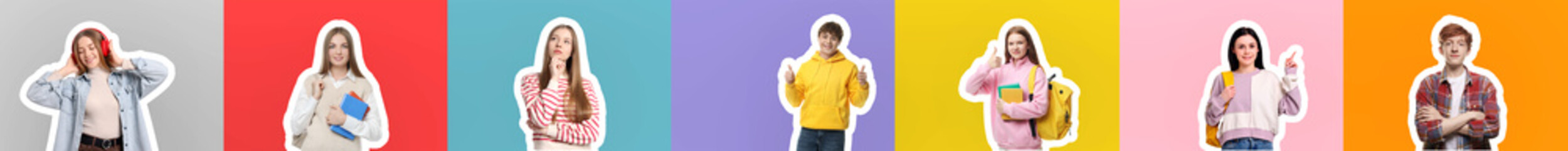 Teenagers on different colors backgrounds, collection of portraits with outlines