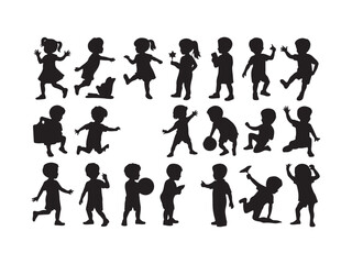 Obraz premium Collection of diverse children silhouettes playing and posing isolated on white background