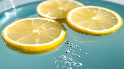 Sliced lemons floating in clear blue water with bubbles