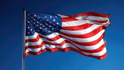Fototapeta premium American flag waving in bright blue sky