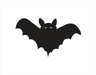 Spooky Flying Black Bat Silhouette with Piercing Yellow Eyes Against a Clean White Background for Halloween and Nocturnal Themes