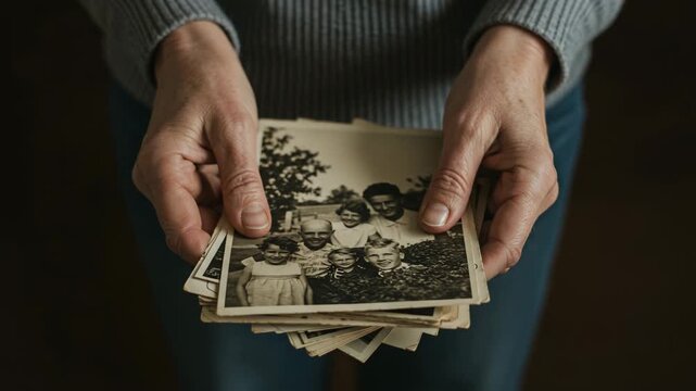 Elderly woman holding vintage family photographs in both hands  