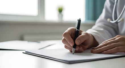 Doctor Hand Writing on Medical Document in Bright Clinic Office