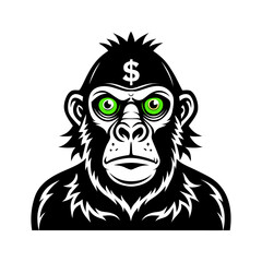 Silhouette of Cool Ape with Dollar Sign Eyes – Wealthy Monkey Vector Art for Finance, Business, Money-Themed Design, Trendy Street Art Style Illustration.