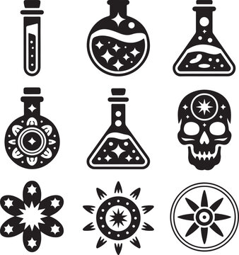 Magic, potion, icon, set, alchemy, silhouette, vector, black, isolated, illustration, design, fantasy, witchcraft, occult, mystical, elixir
