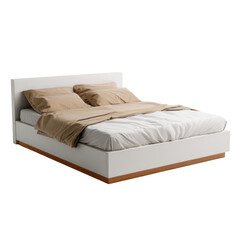 Obraz premium Modern white bed with tan pillows and white linens image, Isolated On White, Png Transparent, Cut Out