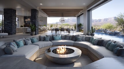 modern living room with fire place,beautiful sofa ,table  window,wall and beautiful lights