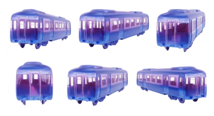 Six blue toy train models on tracks isolated on white showcasing different angles for educational or transportation-themed designs