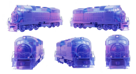 Abstract train models showcasing different angles appearing translucent on a white background for design and illustration