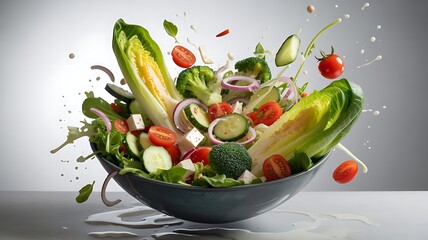 Fresh vegetable salad with cheese and dressing in dynamic motion