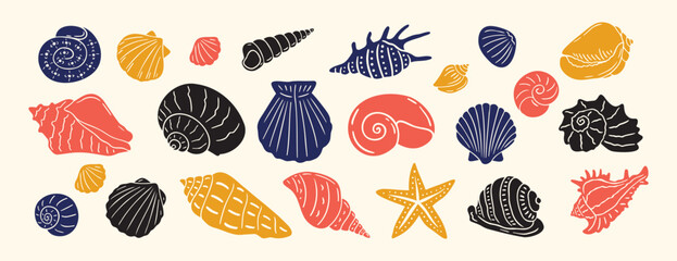 Sea shell, sink cartoon set. seashell aquatic mollusk doodle hand drawn icon set. Outline drawing line clipart symbol collection