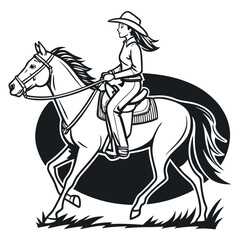 Fototapeta premium Side view shows cowgirl riding horse with grass silhouette against circular background