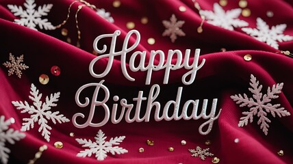 Naklejka premium Happy Birthday text on red fabric with snowflakes lettering