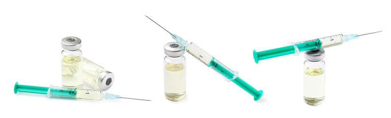 Vaccine in vials and syringe isolated on white, set