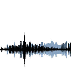 Cityscape silhouette reflected in dark water buildings skyscrapers, Isolated On White, Png Transparent, Cut Out