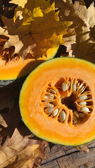 Close-Up of a Sliced Ripe Pumpkin on Fallen Autumn Leaves with Visible Seeds Inside