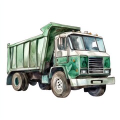 Watercolor illustration of a vintage green dump truck.  Side view,  detailed,  and somewhat stylized,  with muted colors,  depicting a heavy-duty vehicle