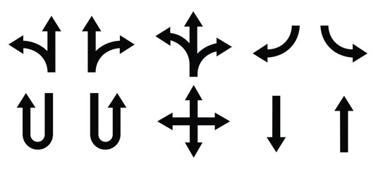 A collection of various direction arrow. Road navigation arrows. Flat style Arrows in different directions isolated. Driving direction mark, location point crossroad. Vector illustration.