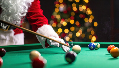 Santa Claus enjoys cheerful holiday game of pool on green billiard table. His hand holds cue stick, aiming at colorful billiard ball with focused concentration, creating joyful festive atmosphere