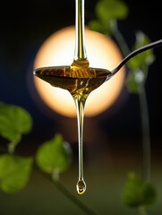 Golden honey drips from a spoon in a closeup shot with a soft bokeh background