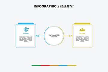 Minimalist 2-element infographic template with central circle and connected data boxes. Perfect for presentations, comparisons, or two-step processes.