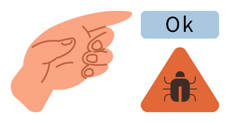 Finger pointing at triangular bug warning sign and OK label, symbolizing bug fixing, error handling, approval, decision-making, software debugging, cautionary actions, and simple flat metaphor