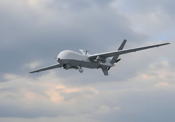 Fototapeta premium Military drone in flight against cloudy sky. Perfect for tech or defense ads, highlighting advanced technology.
